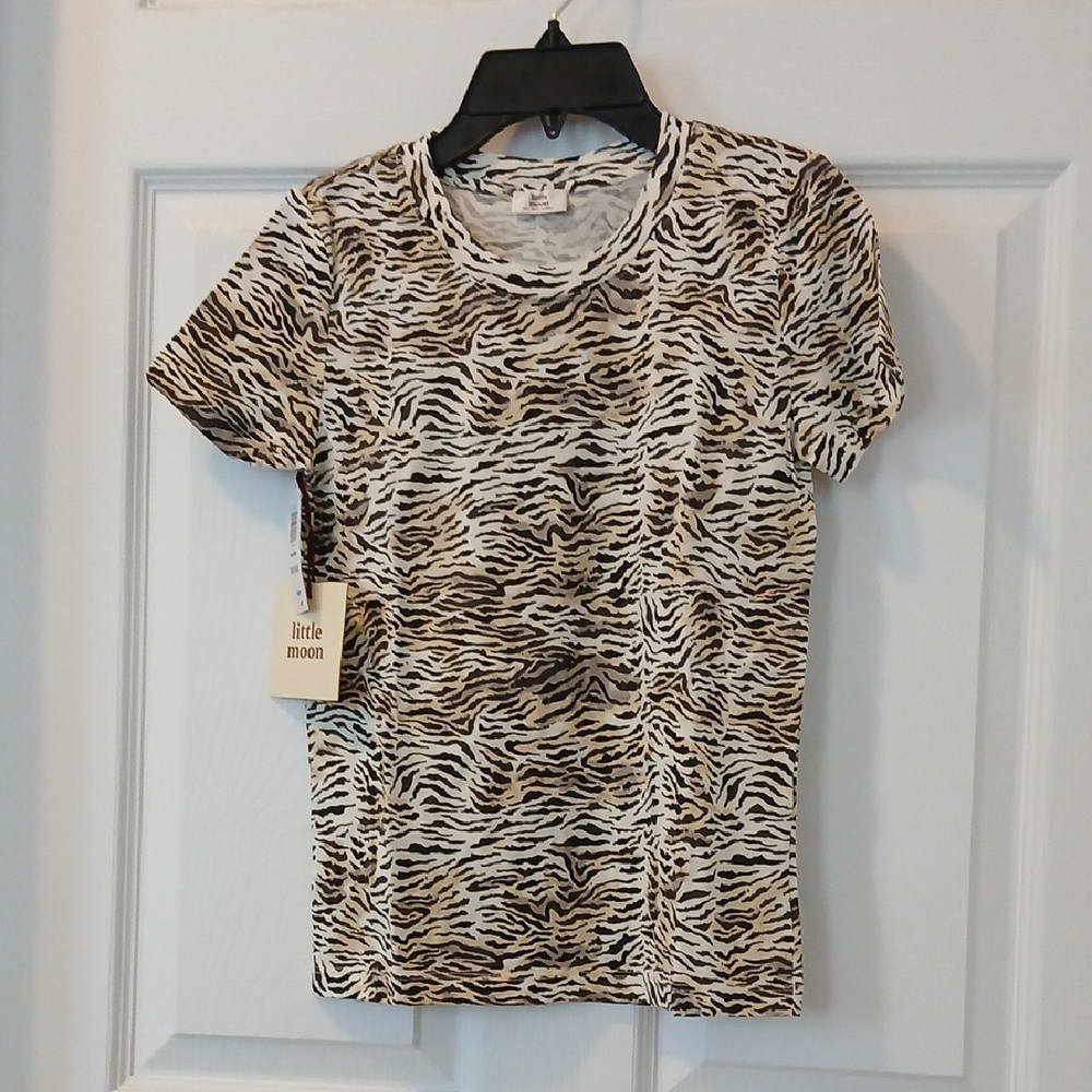 Little Moon Black and Cream Animal Print Design Fitted Short Sleeve Tee NWT